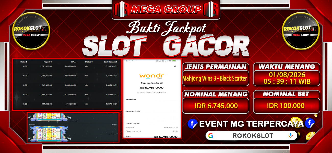 Bukti JP situs Rokokslot hari Sabtu, 01 Agustus 2026
