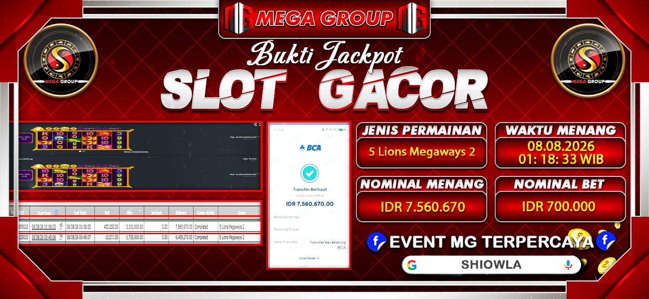 Bukti JP situs Shiowla hari Sabtu, 08 Agustus 2026